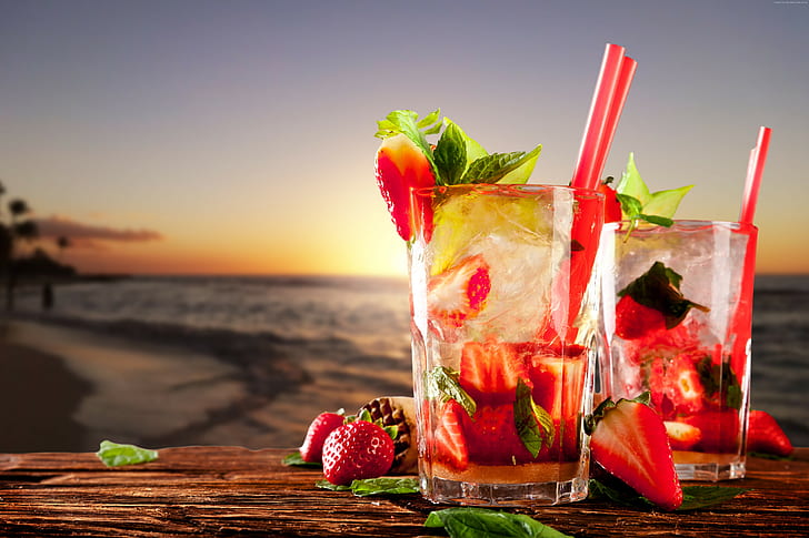 тропически, коктейли, мента, плодове, плаж, лед, ягоди, HD тапет