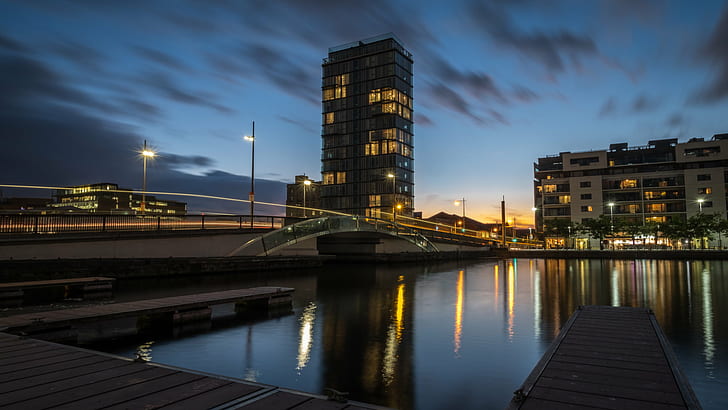 high rise building by the body of water, grand canal, dublin, ireland, grand canal, dublin, ireland, Grand Canal, sunset, Dublin, Cityscape, photography, high rise building, body of water, clouds, canal  building, ireland, architecture, reflection, dublin  city, dusk, sky, water, light, Ringsend, County Dublin, IE, night, urban Scene, river, built Structure, building Exterior, city, HD wallpaper