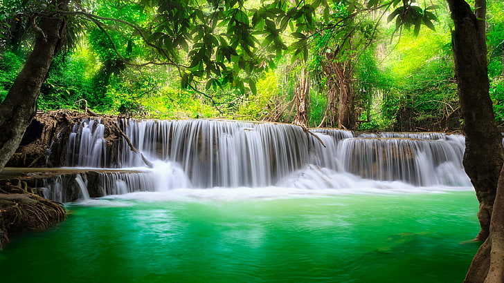 erewan wodospady, kanchanaburi, tajlandia, aryjski park narodowy, azja, park narodowy, wodospad, staw, szmaragd, Tapety HD