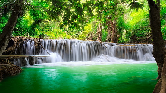 еревански водопади, канчанабури, тайланд, национален парк ераван, азия, национален парк, водопад, езерце, изумруд, HD тапет HD wallpaper