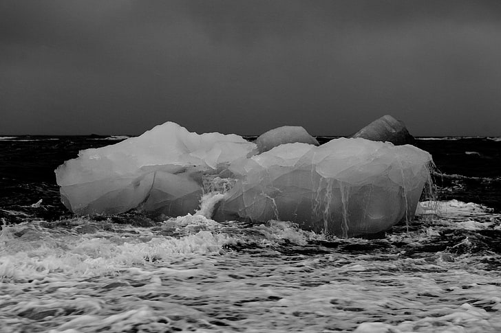 black and white, climate, iceberg, melting, ocean, sea, thawing, HD wallpaper