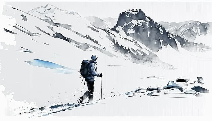 AI art, snow, winter, illustration, watercolor style, hiker, landscape, mountains, HD wallpaper
