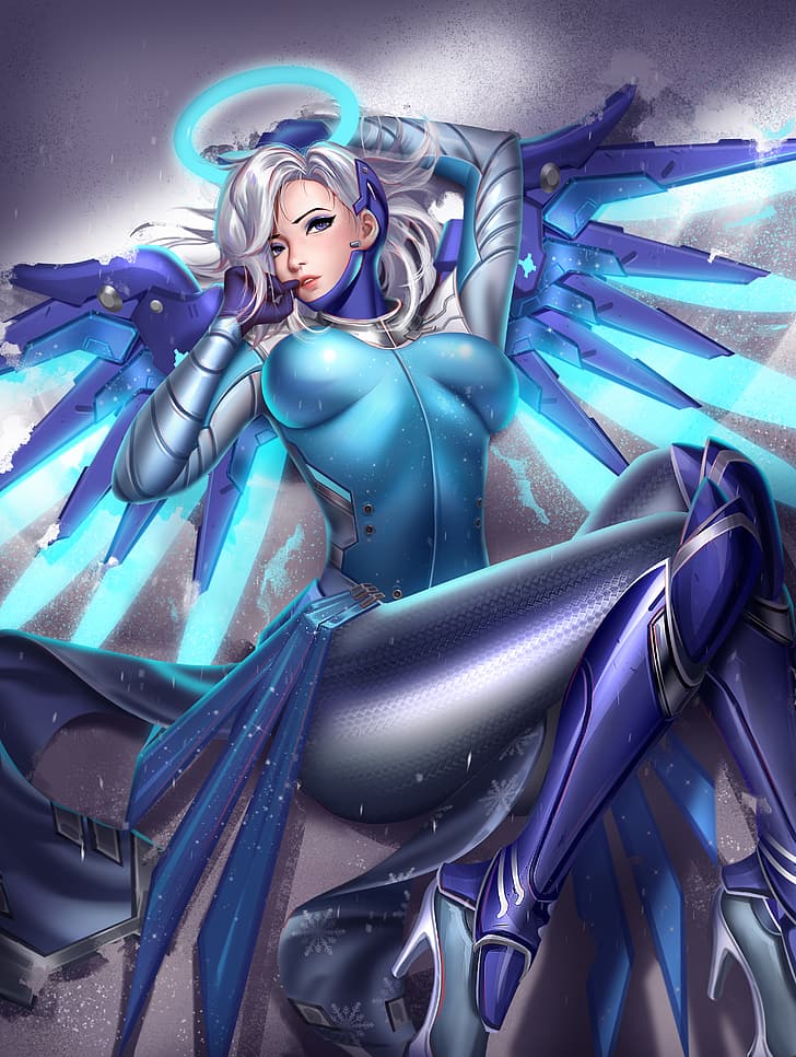 Mercy (Overwatch), Overwatch, video games, video game girls, white hair, looking at viewer, blue eyes, parted lips, lying on back, snow, wings, fantasy girl, glowing, armor, vertical, top view, video game characters, artwork, drawing, digital art, illustration, fan art, Liang Xing, Liang-Xing, HD wallpaper