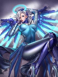  Mercy (Overwatch), Overwatch, video games, video game girls, white hair, looking at viewer, blue eyes, parted lips, lying on back, snow, wings, fantasy girl, glowing, armor, vertical, top view, video game characters, artwork, drawing, digital art, illustration, fan art, Liang Xing, Liang-Xing, HD wallpaper HD wallpaper