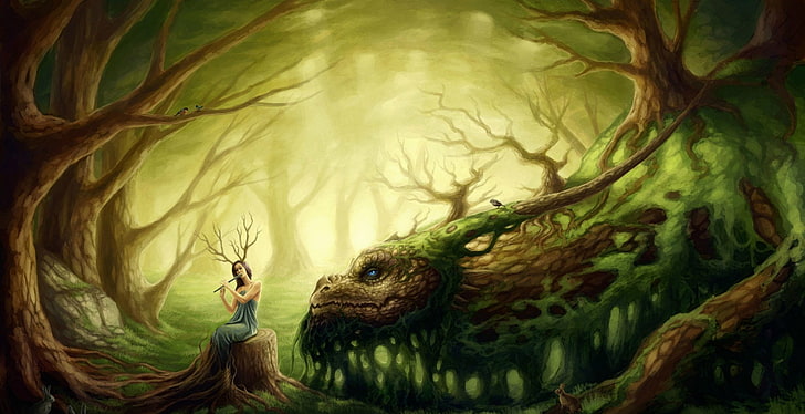 La fée de la forêt enchantée et le dragon, Fantaisie, Sylvan, Dragon, Flûte, Fille, Femme, Fond d'écran HD