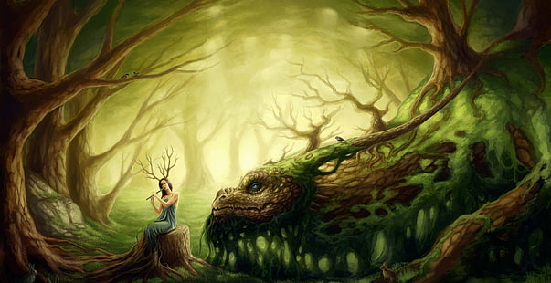 La fée de la forêt enchantée et le dragon, Fantaisie, Sylvan, Dragon, Flûte, Fille, Femme, Fond d'écran HD HD wallpaper