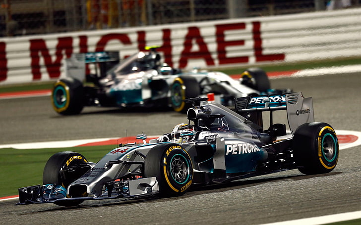 сине-серый автомобиль формулы 1, гонки, спорт, машина, мерседес, льюис хамильтон, мерседес амг петронас F1, бахрейн GP, HD обои