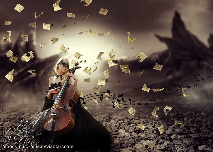 Music Of My Heart, burning paper, model, violin, girl, 3d and abstract, HD wallpaper