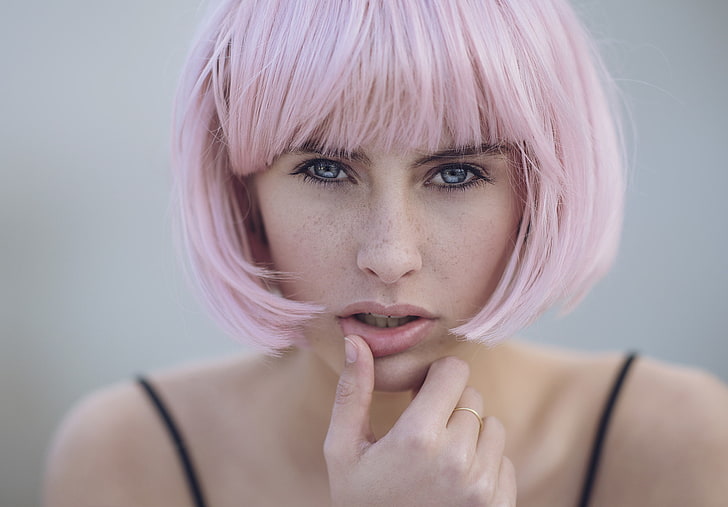 women, pink hair, blue eyes, face, portrait, HD wallpaper