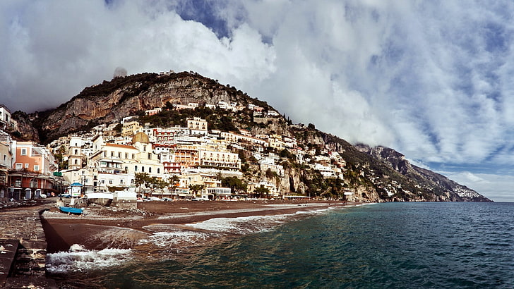 Paisaje urbano, ciudad, edificio, mar, Positano, Italia, Fondo de pantalla HD