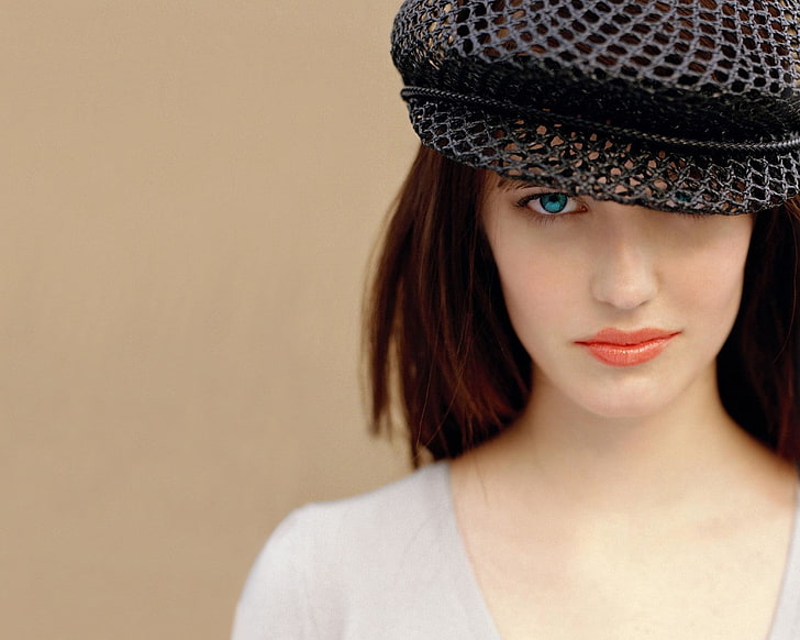 에바 그린, 모자를 쓴 여성, 덮은 얼굴, 빨간 머리, 파란 눈, 색 보정, HD 배경 화면