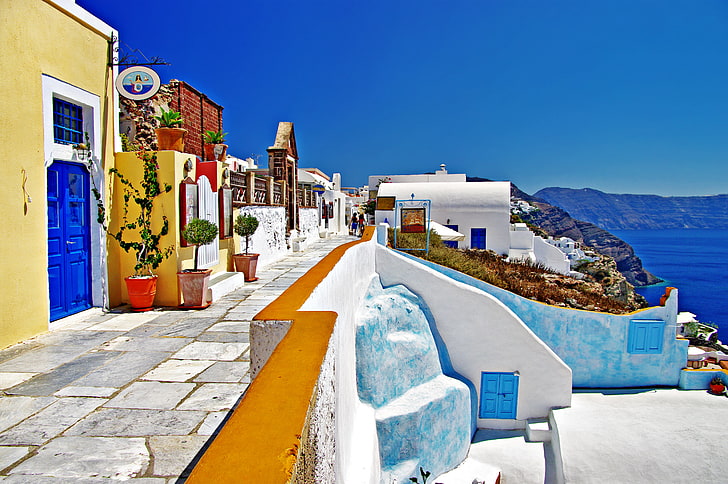 Dom pomalowany na żółto, morze, krajobraz, natura, dom, Santorini, Grecja, Tapety HD