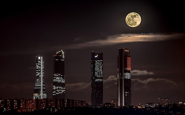 fyra skyskrapabyggnader, stad, natt, HD tapet