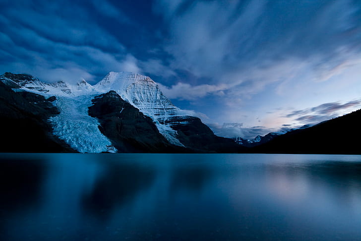 landscape photography of snow coated mountain surrounded by body of water, berg lake, berg lake, Berg Lake, Twilight, landscape photography, snow, coated, body of water, clouds, glacier, purple  mountain, ice, reflection, night, canada, british columbia, mountain, nature, lake, landscape, scenics, water, outdoors, european Alps, sky, blue, HD wallpaper