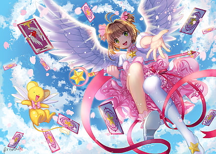 cardcaptor sakura, sakura kinomoto, wings, staff, Anime, HD wallpaper HD wallpaper