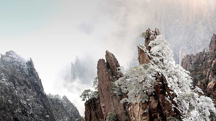 winter, mountains, fog, rocks, China, Anhui, Huangshan morning, HD wallpaper