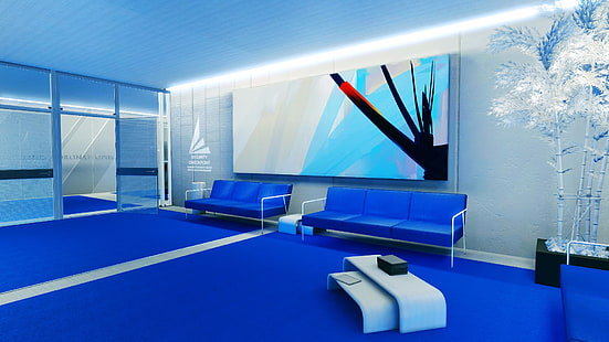 파란색 2 피스 소파 세트, 파란색, 거울 가장자리, 아트 워크, 라틴어, 비디오 게임, HD 배경 화면 HD wallpaper