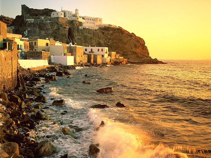 coast, Nisyros, island, Greece, rocks, cliff, HD wallpaper