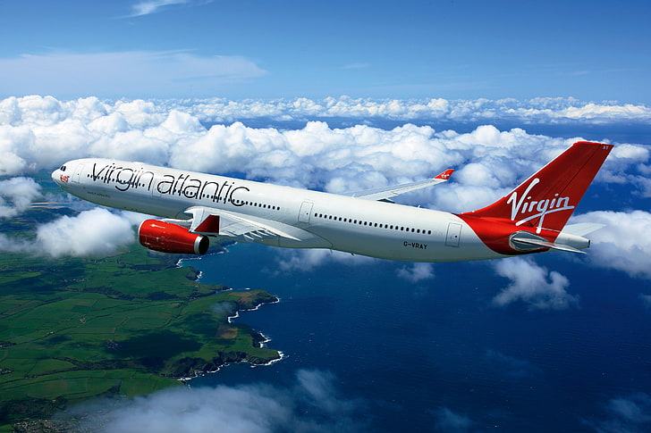 vita och röda Virgin Atlantic-flygplan, hav, moln, havet, jord, strand, höjd, flyg, 300, Airbus, jungfru, atlantic, A-330, HD tapet