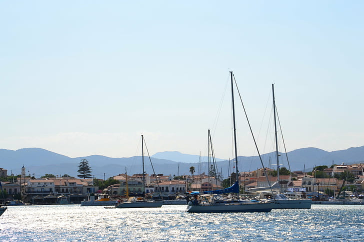 landscape samos goats mediterranean greece boat yachts rock mountains, HD wallpaper