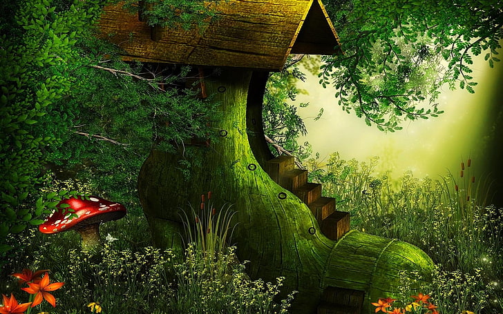 Artistic, Fantasy, Forest, House, Mushroom, Shoe, HD wallpaper