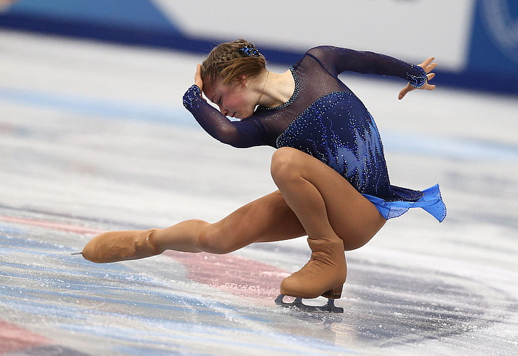 女性の青と黒の長袖ドレス、アイス、フィギュアスケート、エレガンス、ロシア、2014年ソチ、XXII冬季オリンピック、ユリアリプニツカヤ、スケーター、2014年オリンピック冬季オリンピック、 HDデスクトップの壁紙