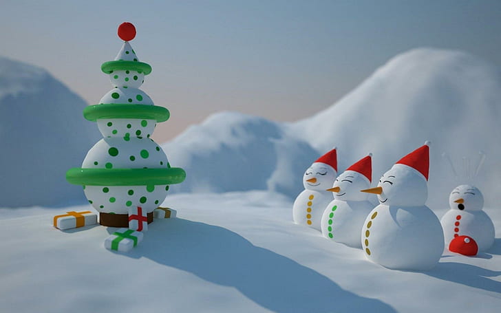 Snowmen looking at the Christmas tree, 4 snowman illustration, holidays, 1920x1200, snow, winter, tree, christmas, merry christmas, snowman, HD wallpaper