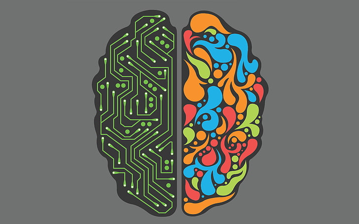илюстрация на мозъци на човек и робот, мозък, технология, произведения на изкуството, минимализъм, HD тапет