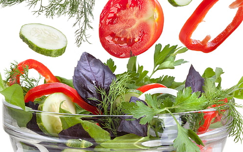 cucumber, dill, tomato, parsley, salad, paprika, pepper, Greens, Basil, lettuce, peppers, HD wallpaper HD wallpaper