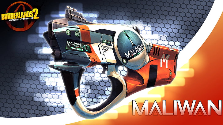 ورق جدران Maliwa ثلاثي الأبعاد باللونين البرتقالي والرمادي ، ألعاب فيديو ، Borderlands 2 ، بندقية ، ماليوان ، عمل فني ، فن رقمي ، سلاح ، Borderlands، خلفية HD