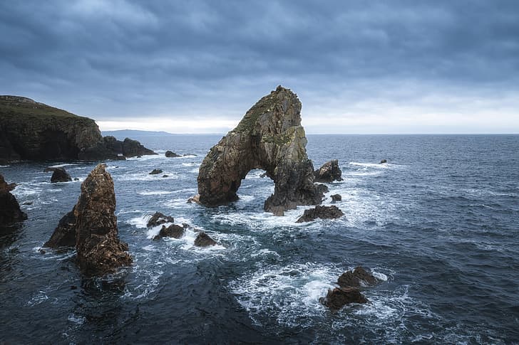 море, природа, облаци, скала, Ирландия, вълни, пейзаж, HD тапет