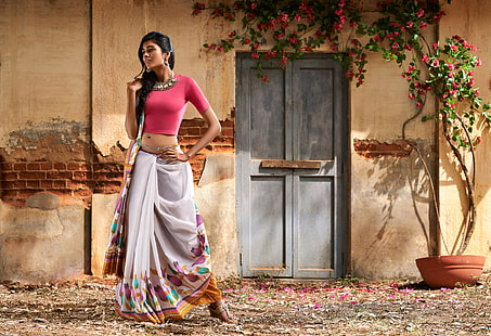 Модели, модел, индийски, дълга коса, сари, жена, HD тапет HD wallpaper