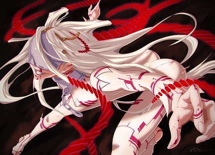 Illustrazione di anime femminile dai capelli bianchi, Deadman Wonderland, Shiro (Deadman Wonderland), sangue, anime, uovo depresso, Sfondo HD HD wallpaper