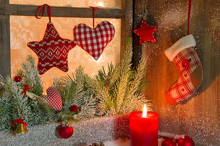 Noel temalı dekor lot, kış, topları, kar, dalları, kalp, oyuncaklar, yıldız, mum, ladin, Yılbaşı, pencere, Noel, manzara, yıldız, tatil, HD masaüstü duvar kağıdı