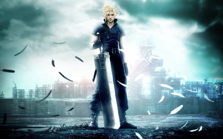 pria memegang ilustrasi pedang besar, Final Fantasy, video game, Final Fantasy VII, Cloud Strife, buster sword, Wallpaper HD