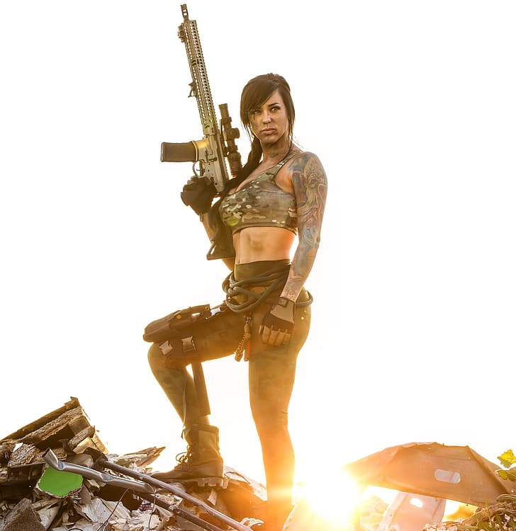 model, Alex Zedra, weapon, soldier, HD wallpaper