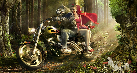 kurt, kırmızı başlıklı kız, motosiklet, HD masaüstü duvar kağıdı HD wallpaper
