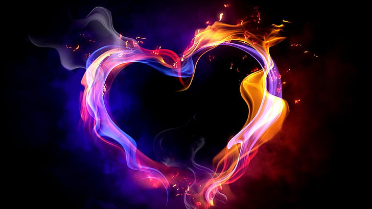 огонь, сердце, пламя, любовь, день святого валентина, романтично, дым, темно, свет, HD обои