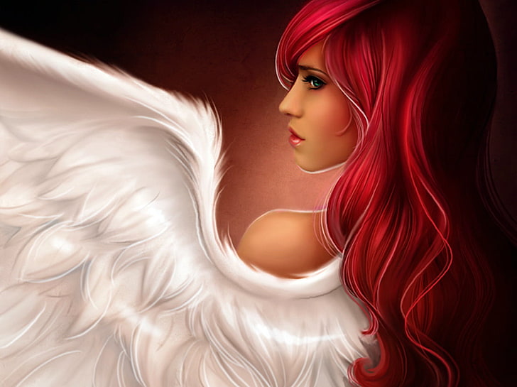 woman with white wings digital wallpaper, drawing, women, redhead, angel, fantasy art, artwork, HD wallpaper