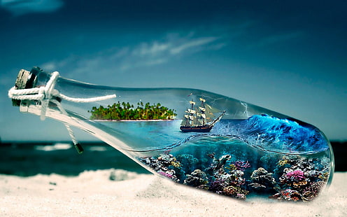 World In Glass Bottle Sea Boat Underwater World Seabed With Corals Desktop Wallpaper Hd 2560×1600, HD wallpaper HD wallpaper