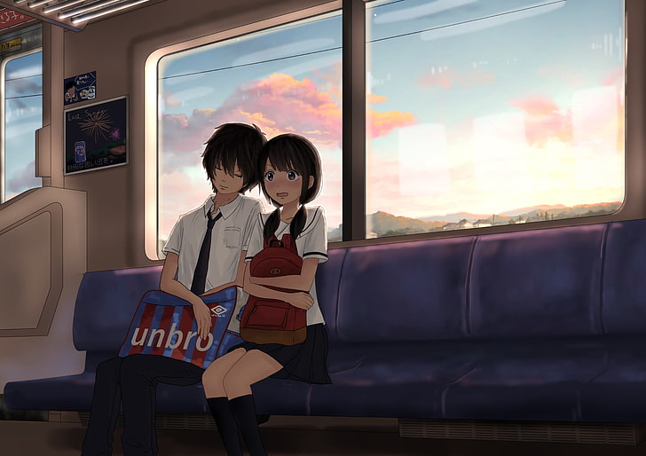 casal de anime, viagem de trem, romance, uniforme escolar, expressão tímida, anime, HD papel de parede