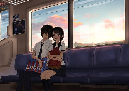 аниме пара, поездка на поезде, романтика, школьная форма, застенчивое выражение, аниме, HD обои HD wallpaper