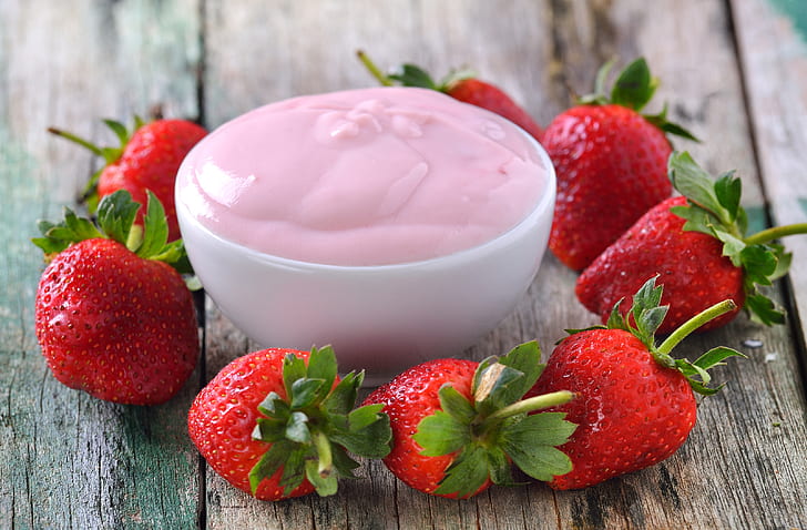 Breakfast, strawberry, yogurt, HD wallpaper