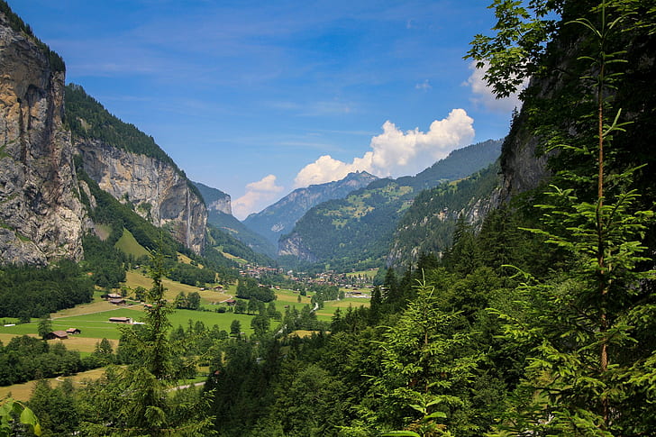 hutan, langit, lembah, lanskap, desa, gunung, tebing, Alpen, Wallpaper HD