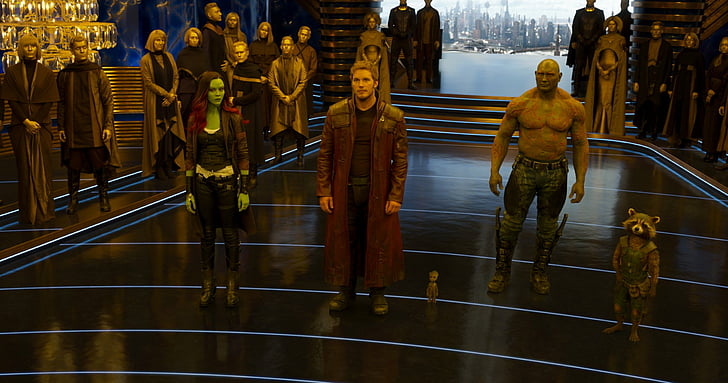 ภาพยนตร์ Guardians of the Galaxy Vol. 2, Chris Pratt, Drax The Destroyer, Gamora, Groot, Peter Quill, Rocket Raccoon, Star Lord, Zoe Saldana, วอลล์เปเปอร์ HD