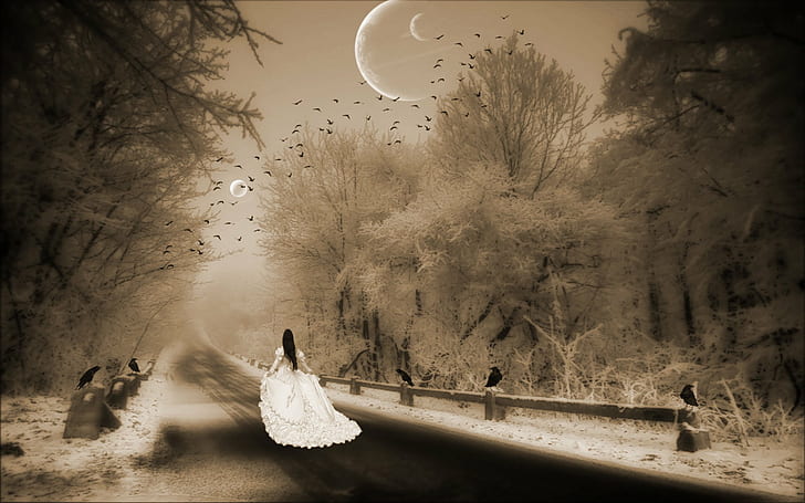 Alone, emotion, fantasy, girl, Gothic, loneliness, lonely, mood, Moon, People, Photoshop, road, Sad, Sadness, solitude, winter, HD wallpaper