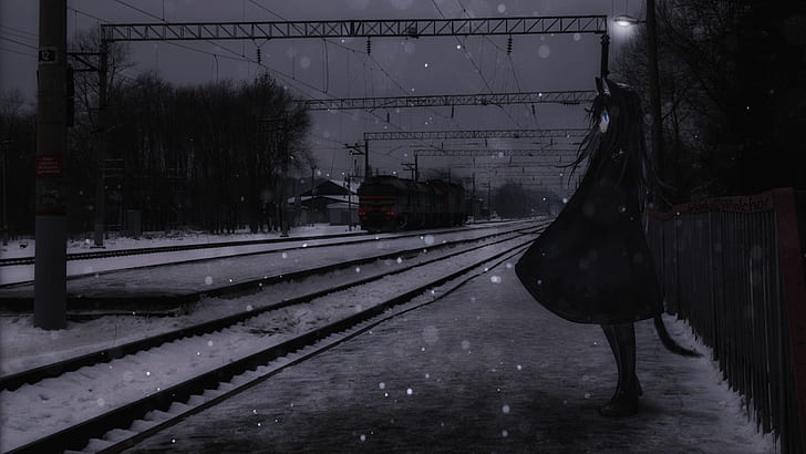 аниме момичета, железница, аниме, влак, сняг, тъмно, градско, HD тапет