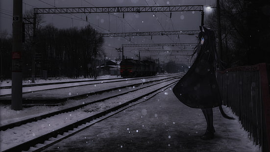 meninas do anime, estrada de ferro, trem, neve, escuro, urbano, HD papel de parede HD wallpaper