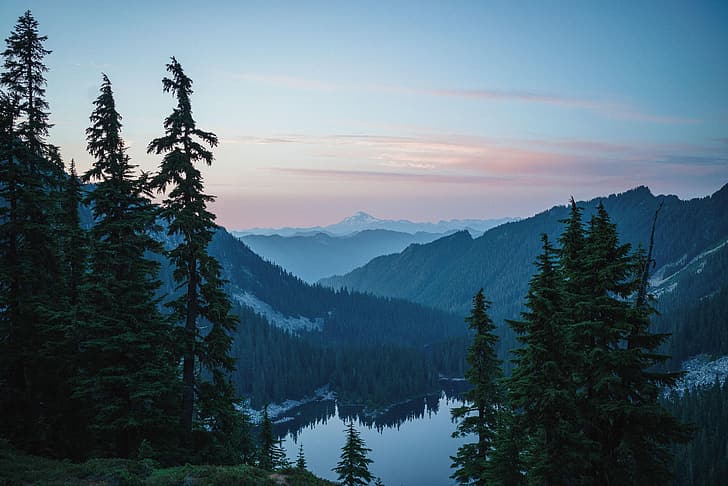 vista a la montaña, paisaje, naturaleza, lago, montañas, Washington, Estados Unidos, bosque, puesta de sol, anochecer, pinos, Fondo de pantalla HD