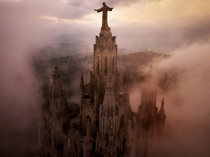 gray concrete cathedral, architecture, city, building, statue, Jesus Christ, cathedral, clouds, mist, hills, church, Barcelona, Spain, bird's eye view, tower, HD wallpaper